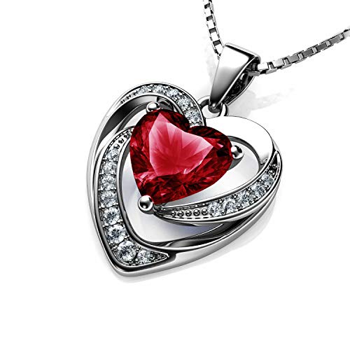 DEPHINI Halskette mit rotem Herz - 925 Sterling Silber - Light Siam Geburtsstein verziert Kristall Anhänger - feine Schmuck Damen Halskette 45,7 cm rhodinierte Silber Kette - Zirkonia von DEPHINI
