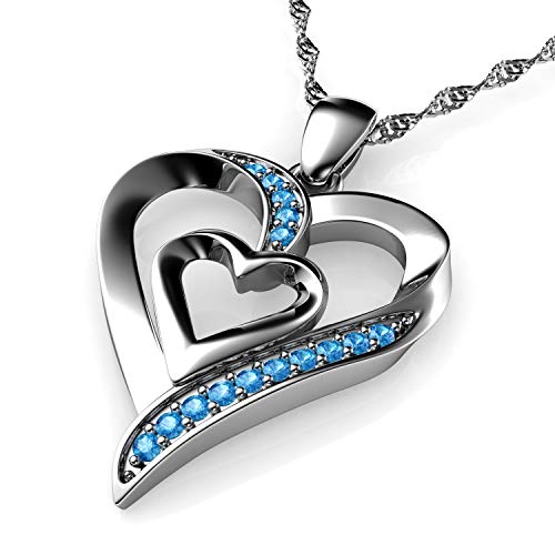 DEPHINI - Herz-Halskette – 925 Sterling Silber – Doppel Liebe Herz Anhänger – Aqua CZ Kristalle – feiner Schmuck Damen Halskette – 45,7 cm lange rhodinierte Silberkette – A+ Zirkonia – Geschenke für Frauen von DEPHINI