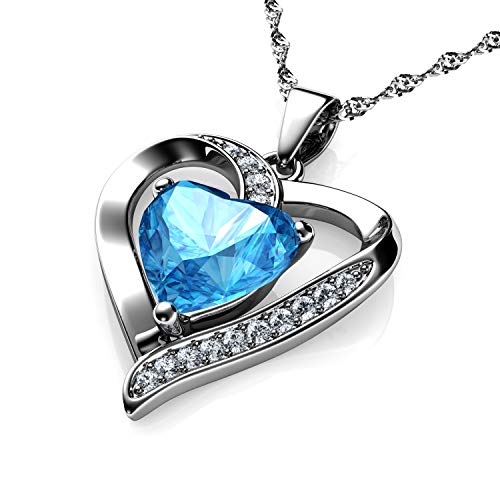 DEPHINI - Herz-Halskette - 925 Sterling Silber - Aquamarin colour A+ Cubic Zirkonia - feine Schmuck Damen Halskette 45,7 cm rhodinierte Silber Kette von DEPHINI