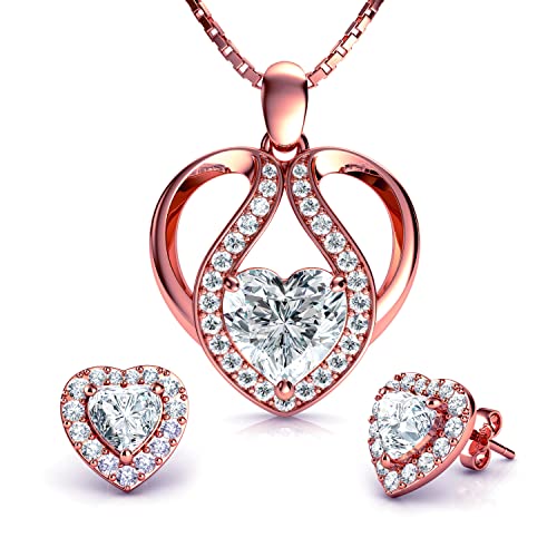 DEPHINI Süße Halskette & Herz Ohrstecker | Roségold | Zirkonia | 925 Sterling Silber Herz Halskette | Frauen Schmuck set | Geschenke für Frauen von DEPHINI