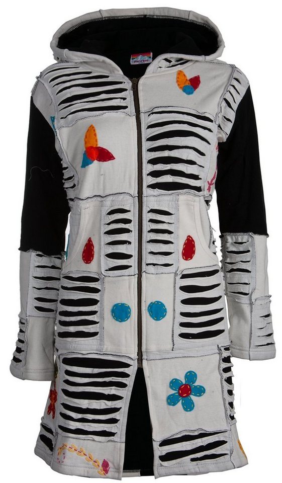 DEPROC Active Strickmantel Patchwork Mantel Multicolor FLOWER POWER LIGHT GRAY mit Kapuze von DEPROC Active