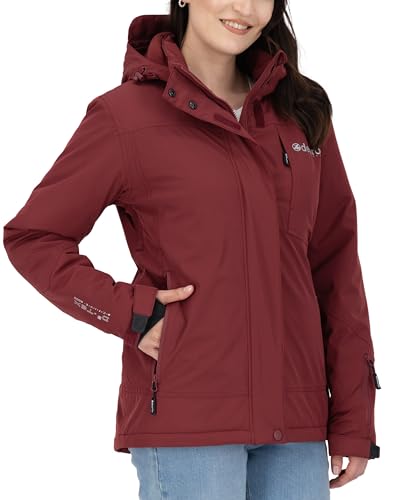 Deproc Active Damen Winterjacke Skijacke abnehmbare Kapuze Gefüttert Wasserdicht Wetterfest Windbreaker Übergangsjacke Parka Regenjacke, Wine, 46 von DEPROC-Active