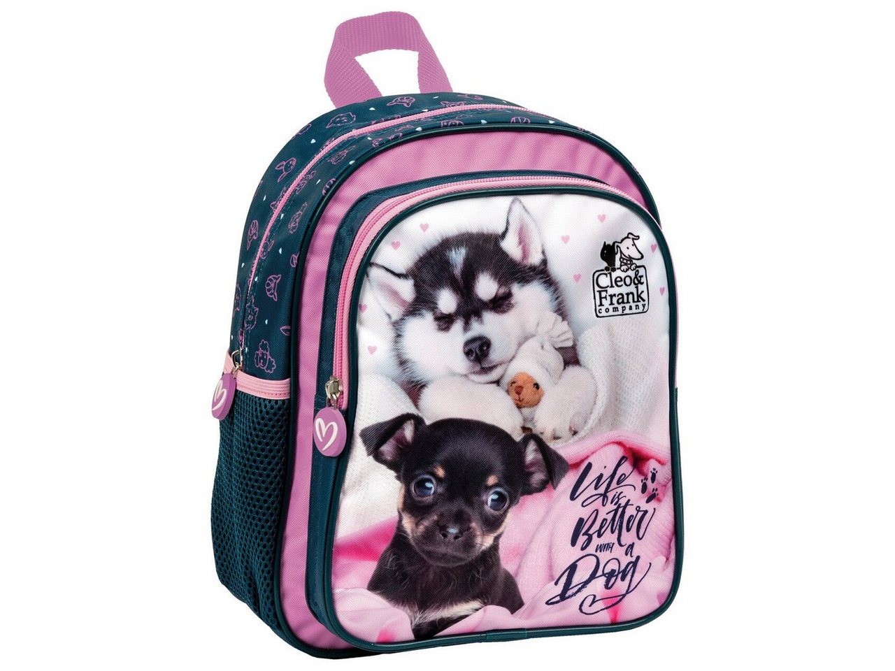 DERFORM Kinderrucksack Hunde Kinder Rucksack 28 cm Kindergarten Tasche rosa blau Mädchen, Cleo & Frank von DERFORM