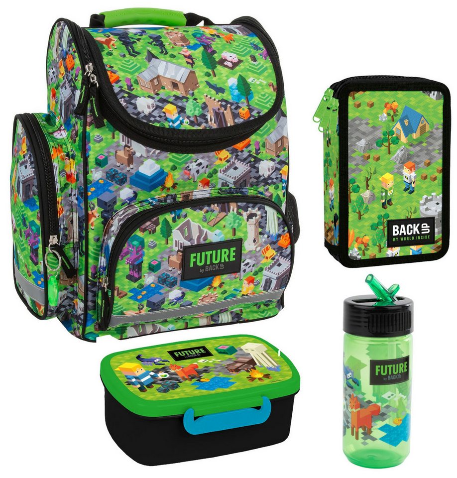 DERFORM Schulranzen Set Pixel Game Brotdose - Trinkflasche + 3 Fach Federmappe Federtasche (4-tlg) von DERFORM