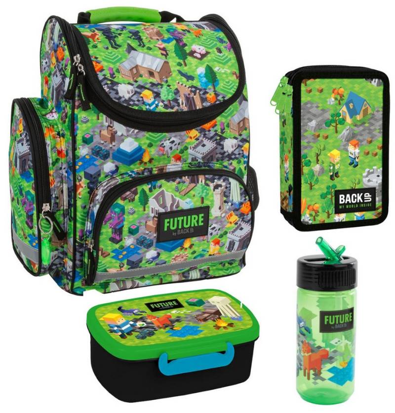 DERFORM Schulranzen Set Pixel Game Brotdose - Trinkflasche + 3 Fach Federmappe Federtasche (4-tlg) von DERFORM