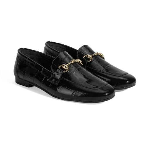 DESA Damen-Slipper aus echtem Leder, Loafer mit Krokodilprägung und Schnallendetail, Bequeme Alltagsschuhe | Schwarz - 37 von DESA