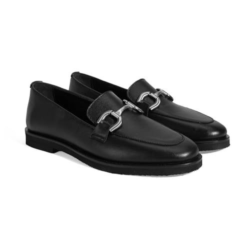 DESA Damen-Slipper aus echtem Leder, stilvolle und Bequeme Schwarze Slipper mit Metallschnalle als Accessoire für den Alltag und besondere Anlässe | Schwarz - 40 von DESA