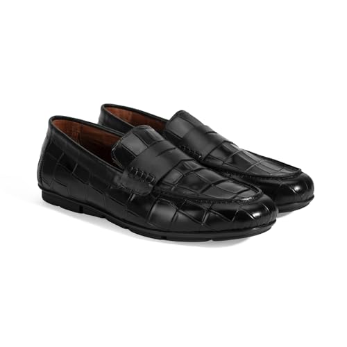 DESA Herren-Leder-Slipper mit Kroko-Muster – Stylische & Bequeme Halbschuhe für den Alltag und besondere Anlässe | Schwarz - 44 von DESA
