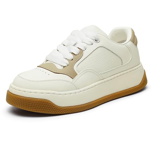 DESAI Herren Sneaker Lederschuhe Freizeit Schnürschuhe modisch leicht Wanderschuhe Klassische Turnschuhe, Weiß und Braun, 44 EU von DESAI