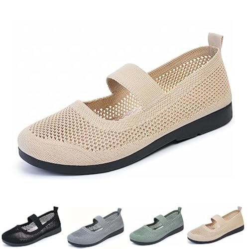DESESE Damen Casual Hollow Out Strick Mary Jane Flats Schuhe Mode Bequeme Mesh Walking Strand Schuhe Leichte Atmungsaktive Slip-On Schuhe, Khaki, 39.5 EU von DESESE