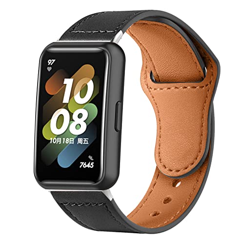 Menglo Armbänder Leder Uhrenarmband für Huawei Band 7 Lederarmband mit Metallschnalle aus Edelstahl Armband für Herren Damen, Lederarmband für Huawei Band 7 (Schwarz,Band7) von DESGNT