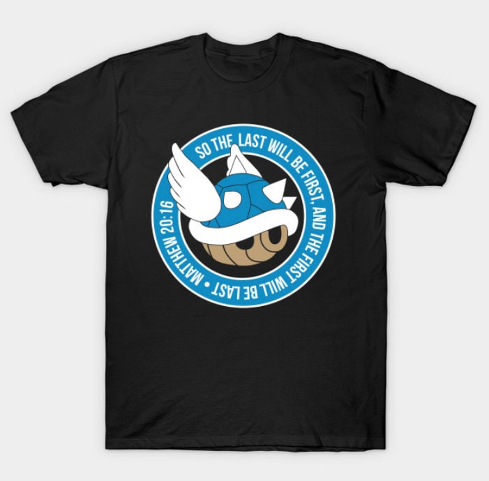 Blaues Schildkrötenpanzer, Mario Kart, Nintendo, Der Erste Wird Letzte Sein, Schwarzes Shirt von DESIGNEDforCHRIST
