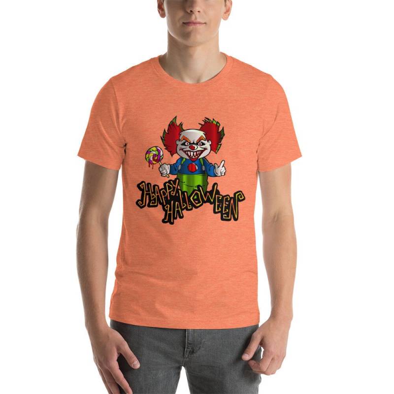 Happy Halloween Lustige Böser Clown Essen Lollipop Candy Kurzarm Unisex T-Shirt von DESTENYByAngel