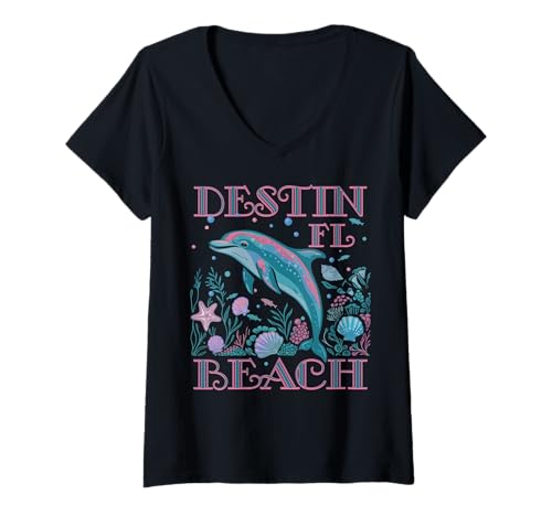 Damen BUNTES STRAND-SOUVENIR FÜR DELFINLIEBHABER VON DESTIN BEACH T-Shirt mit V-Ausschnitt Damen BUNTES STRAND-SOUVENIR FÜR DELFINLIEBHABER VON DESTIN BEACH T-Shirt mit V-Ausschnitt von DESTIN BEACH FL DOLPHIN LOVER BEACH VACATION