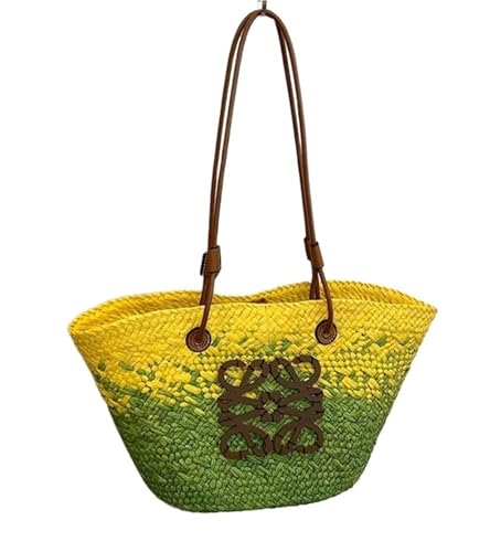 DETPWVWB Handgemachte klassische Strohtasche | Gewebte Strandtasche | Patchwork Halo Design(Yellow+Green) von DETPWVWB