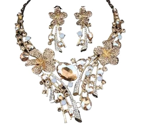 DETPWVWB Luxuriöses Schlüsselbeinketten-Set mit farbigen Kristallen for Damen – Edelstein-Brautschmuck for Bankettkleider(Champagne gold) von DETPWVWB