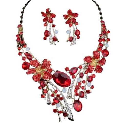 DETPWVWB Luxuriöses Schlüsselbeinketten-Set mit farbigen Kristallen for Damen – Edelstein-Brautschmuck for Bankettkleider(Red) von DETPWVWB