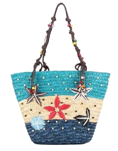 DETPWVWB Strohtasche mit Seestern-Stickerei – Strandtasche für Damen mit Perlengewebe, blau, Talla única DETPWVWB Strohtasche mit Seestern-Stickerei – Strandtasche für Damen mit Perlengewebe, blau, Talla única von DETPWVWB