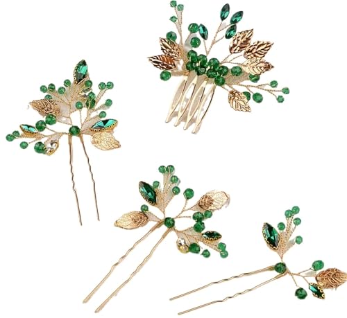 Haarnadel-Kamm-Set mit Smaragdkristallblättern – Eleganter Hochzeitskopfschmuck mit Schmuck for Bräute und besondere Anlässe von DETPWVWB