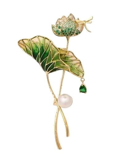 Hochwertige Damenbrosche mit natürlichen Süßwasserperlen und Emaille-Moonlight-Lotusteich-Design(Green) von DETPWVWB