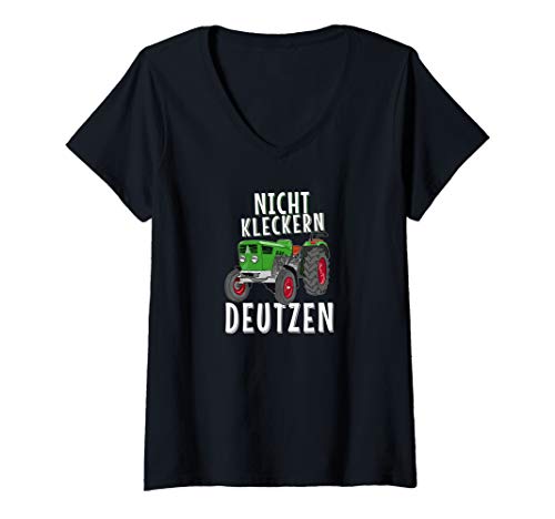 Damen NICHT KLECKERN | 06 07 | Ackern | Ernte | Landluft | Agrar T-Shirt mit V-Ausschnitt von DEUTZEN | TRECKER | LANDWIRT | SCHLEPPER | TRAKTOR