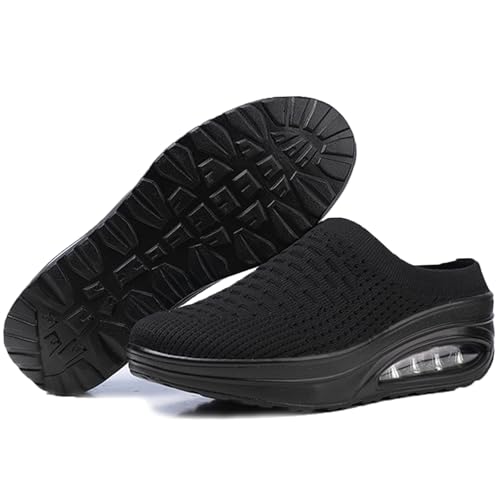 DEVILEYEZE Damen Slip-on Mule Sneakers Atmungsaktiv Luftpolster Keilabsatz Rückenfrei Walking Shoe Leichte Plateau Orthopädische Clog Casual Toning Rocker Shoe, Schwarz, 35 EU von DEVILEYEZE