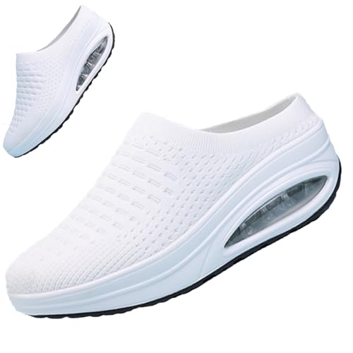 DEVILEYEZE Damen Slip-on Mule Sneakers Atmungsaktiv Luftpolster Keilabsatz Rückenfrei Walking Shoe Leichte Plateau Orthopädische Clog Casual Toning Rocker Shoe, Weiss/opulenter Garten, 36 EU von DEVILEYEZE