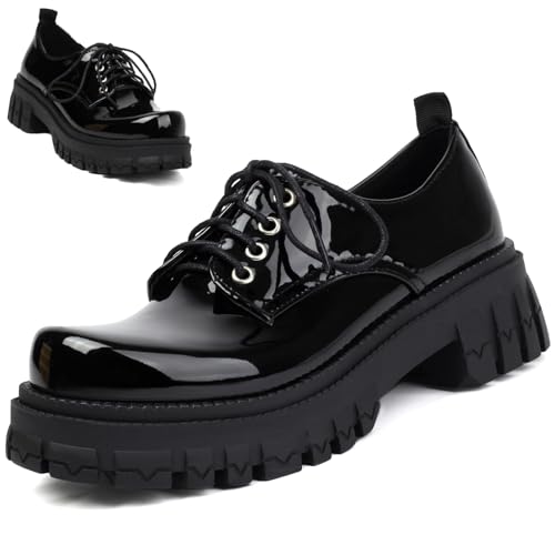 Damen Lackleder Plateau Chunky Loafers Perforierte Schnürung Runde Zehen Flügelspitze Oxford Schuhe Rutschfeste Stollensohle Brogue Kleid Schuh, Schwarz, 38.5 EU von DEVILEYEZE