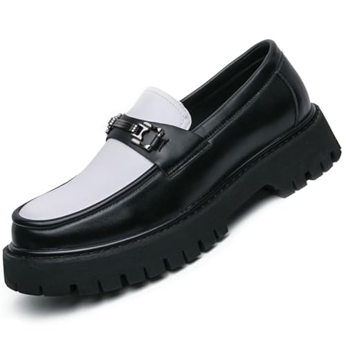 Herren Lackleder Plateau Penny Loafers Mode Metall Dekoration rutschfeste Stollensohle Business Kleid Schuhe Komfort Slip-on Runde Zehen Casual Arbeitsschuhe, Weiss/opulenter Garten, 44.5 EU von DEVILEYEZE