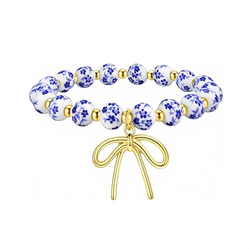 DEVOKE Goldperlen Schleife Armband Damen Blume Vintage Perlenarmband Handgefertigter Stretch Schmuck Geburtstage Valentinstag Weihnachten Kleine Geschenke für Frauen Freundin Mama (Geburtstag) von DEVOKE