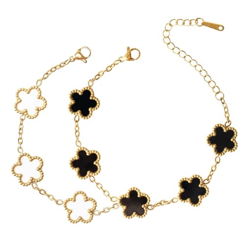 DEVOKE Kleeblatt Armband 18K Vergoldet Vierblättriges Kleeblatt Glücksarmband Damen Wasserfest Gold Schmuck Charm Jewelry Geschenke Geburtstags Weihnachten für Frauen Freundin (Schwarz + Weiß) von DEVOKE