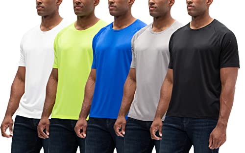 DEVOPS 2 oder 5 Pack Herren UPF 50+ Sonnenschutz Feuchtigkeitstransport Dry-Fit Kurzarm Workout V-Ausschnitt Shirts, 1# (Rundhals_5er-Pack) Weiß/Safty Green/D.Royal/Graphit/Schwarz, 3X-Groß von DEVOPS