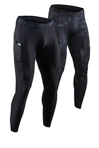 DEVOPS 2er oder 3er Pack Herren Kompressionshose Athletic Leggings mit Tasche/Nicht-Tasche, 2# (Tasche) – Schwarz/Camo Black, X-Groß von DEVOPS