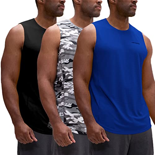 DEVOPS Herren Muskel-Shirts, ärmellos, Dry Fit, Fitnessstudio, Workout, Tank-Top, 3 Stück, Schwarz/Camo Grau/Blau, XL von DEVOPS