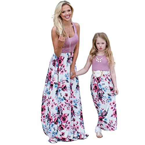 DEWENDIAN Mutter Und Tochter Kleid Floral Lange Mama Und Tochter Kleid Familie Kits Stitching Weste MaxiKleid Mama Und Mich Kleidung (Lila,L) von DEWENDIAN