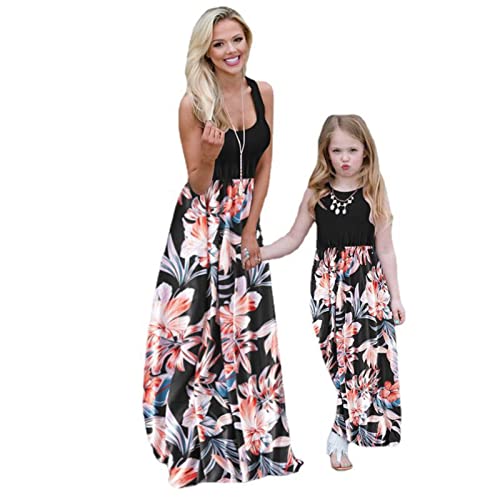 DEWENDIAN Mutter Und Tochter Kleid Floral Lange Mama Und Tochter Kleid Familie Kits Stitching Weste MaxiKleid Mama Und Mich Kleidung (Schwarz,M) von DEWENDIAN