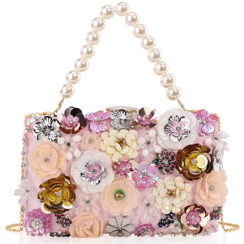 DEXMAY Elegante Damen-Clutch mit Blumenmuster und Perlen, mit 2 abnehmbaren Trägern, 3D-Blumen, Handtasche für Hochzeit, Party, Abschlussball, Pink, Medium DEXMAY Elegante Damen-Clutch mit Blumenmuster und Perlen, mit 2 abnehmbaren Trägern, 3D-Blumen, Handtasche für Hochzeit, Party, Abschlussball, Pink, Medium von DEXMAY DM