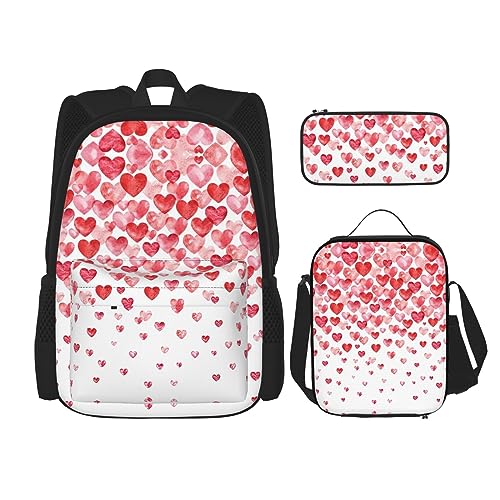 DEXNEL Große Kapazität Englische Bulldoggen Rucksack Mittagessen Tasche Federmäppchen Kombination 3-teiliges Set, für Mittelschule, Falling Red Hearts, Einheitsgröße von DEXNEL