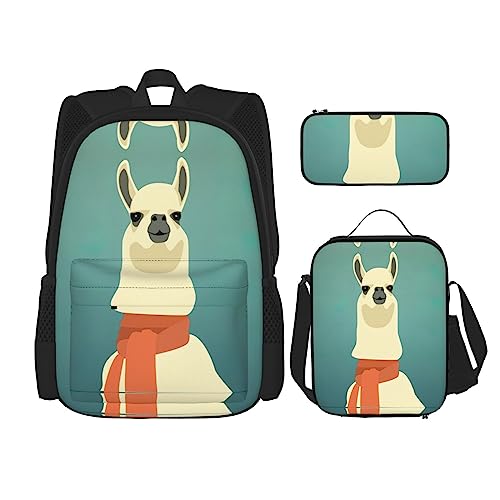 DEXNEL Große Kapazität Kleine Ballerina Tanzende Mädchen Rucksack Mittagessen Tasche Federmäppchen Kombination 3-teiliges Set, für Mittelschule, Llama In A Scarf, Einheitsgröße von DEXNEL