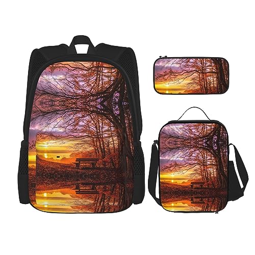 DEXNEL Große Kapazität Kleine Ballerina Tanzende Mädchen Rucksack Mittagessen Tasche Federmäppchen Kombination 3-teiliges Set, für Mittelschule, Lonely Bench Sunset, Einheitsgröße von DEXNEL