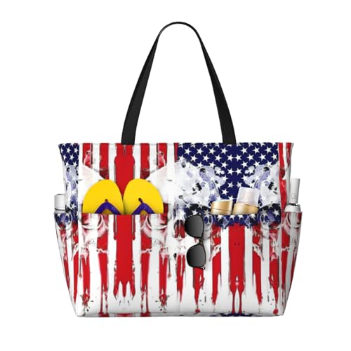 Modische Strandtasche mit amerikanischer Flagge, Totenkopf, für Erwachsene, Strandtasche mit großen Tragetaschen, für Strand, Pool, Reisen, Schwarz , Einheitsgröße Modische Strandtasche mit amerikanischer Flagge, Totenkopf, für Erwachsene, Strandtasche mit großen Tragetaschen, für Strand, Pool, Reisen, Schwarz , Einheitsgröße von Dexnel