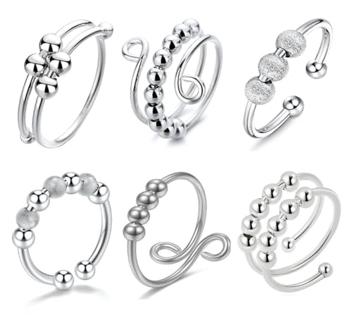 DEXYZZY Fidget Angst Ringe Set, Anxiety Fidget Ring, Anti-Stress Ringe mit Beweglichen Perlen, Verstellbare Anti Stress Ringe, Band Ring für Damen Herren Anti Stress Ängstlichkeit Entlastung von DEXYZZY