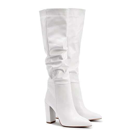 DEuyo Weiße Damen-Overknee-Stiefel Mit Klobigem Absatz Und Spitzer Zehenpartie Für Herbst Und Winter,Weiß,38 EU von DEuyo