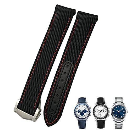 DFAMIN 19 mm 20 mm 21 mm Nylon-Canvas-Uhrenarmband mit gebogenem Ende, passend für Omega Seamaster 300 AT150 Speedmaster(Black Red,19mm Gold clasp) von DFAMIN