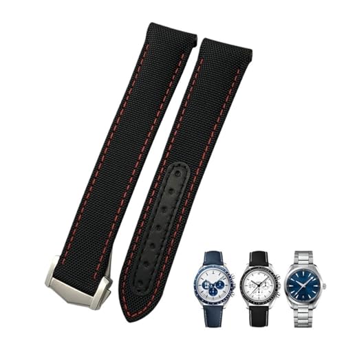 DFAMIN 19 mm 20 mm 21 mm hochdichtes Nylon-Canvas-Uhrenarmband mit gebogenem Ende, passend für Omega Seamaster 300 AT150 Speedmaster Longines Uhrenarmband(Black Red,21mm Rose clasp) von DFAMIN