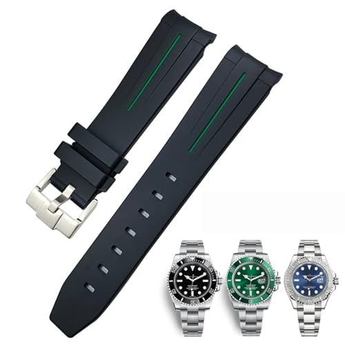 DFAMIN 20mm 21mm 22mm gebogenes Ende Gummi-Silikon-Armband für Rolex Submariner Daytona wasserdichtes Uhrenarmband(Black green line,22mm) von DFAMIN