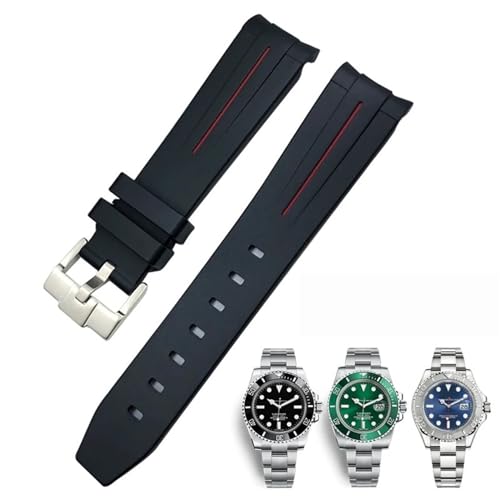 DFAMIN 20mm 21mm 22mm gebogenes Ende Gummi-Silikon-Armband für Rolex Submariner Daytona wasserdichtes Uhrenarmband(Black red line,21mm) von DFAMIN
