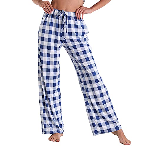 LIUYUYOUGO Pyjamahose Damen Lang,Damen Weiche Bequeme Pyjamahose Lässig Klassisch Blau Weiß Karierter Druck Stretch Kordelzug Schlafhose Weites Bein Loungehose Yogahose Home Loungewear Mit Tasche,S von LIUYUYOUGO