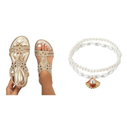 Glitzer Strass Sandalen Damen Sommer, Elegant Flach Schuhe, Weite Barfuss Sandalen Slingback Offene Schuhe Waschbar, 35-46 von DFEK