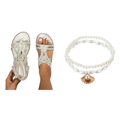 Glitzer Strass Sandalen Damen Sommer, Elegant Flach Schuhe, Weite Barfuss Sandalen Slingback Offene Schuhe Waschbar, 35-46 von DFEK